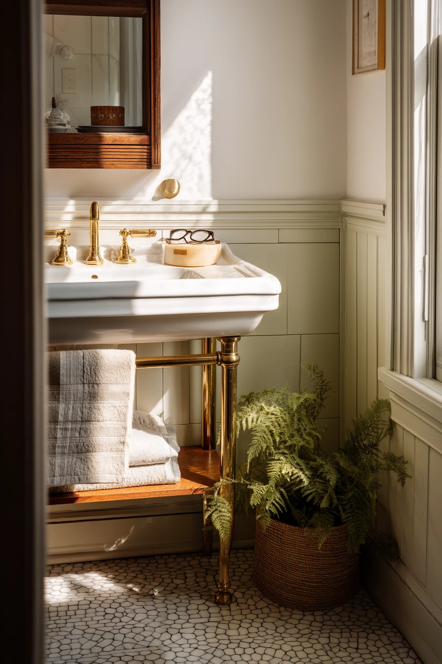 Baseboards with Tile and Wainscoting in a Vintage Bath
