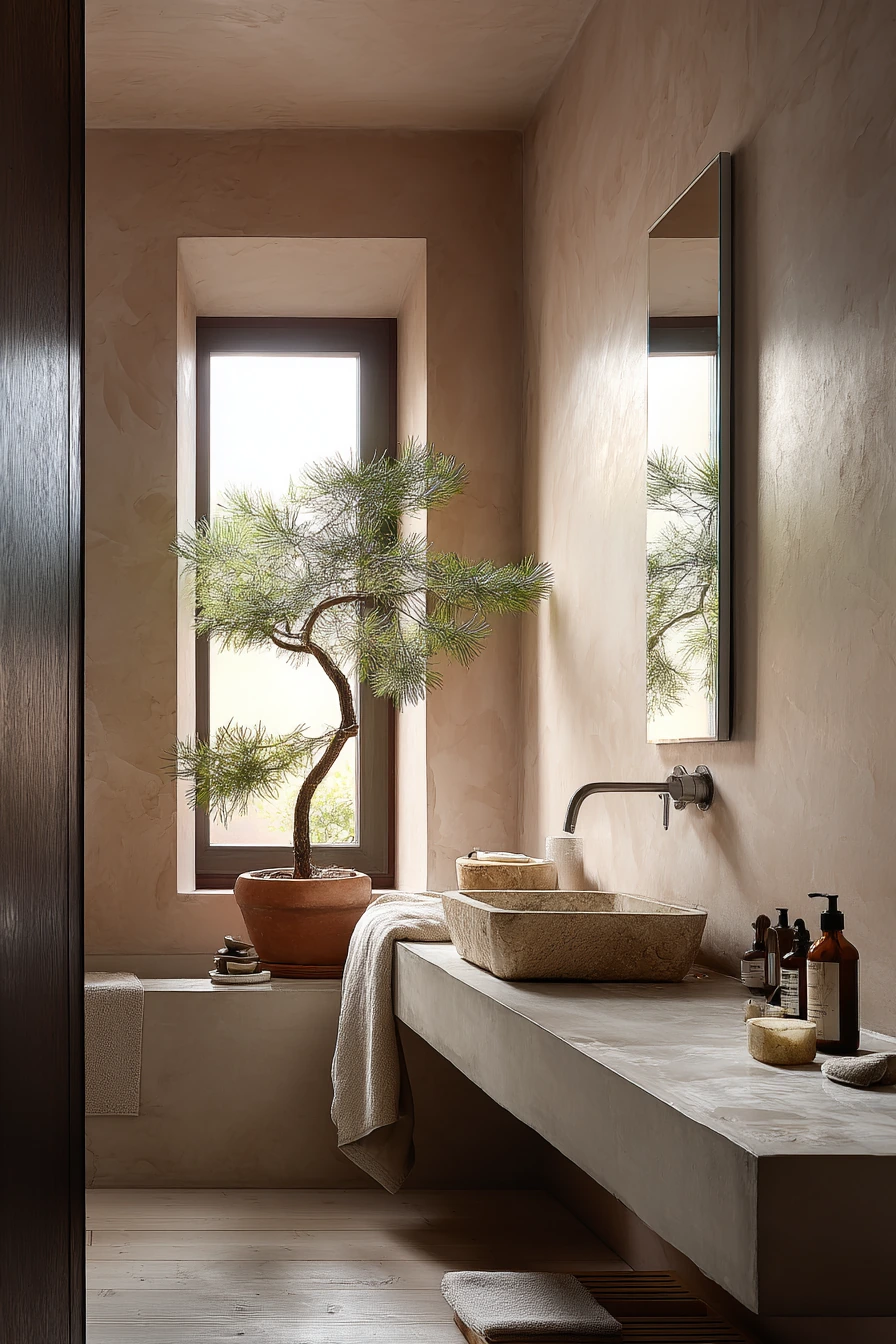 Spa-Like Baseboards in a Minimal Calm Bath