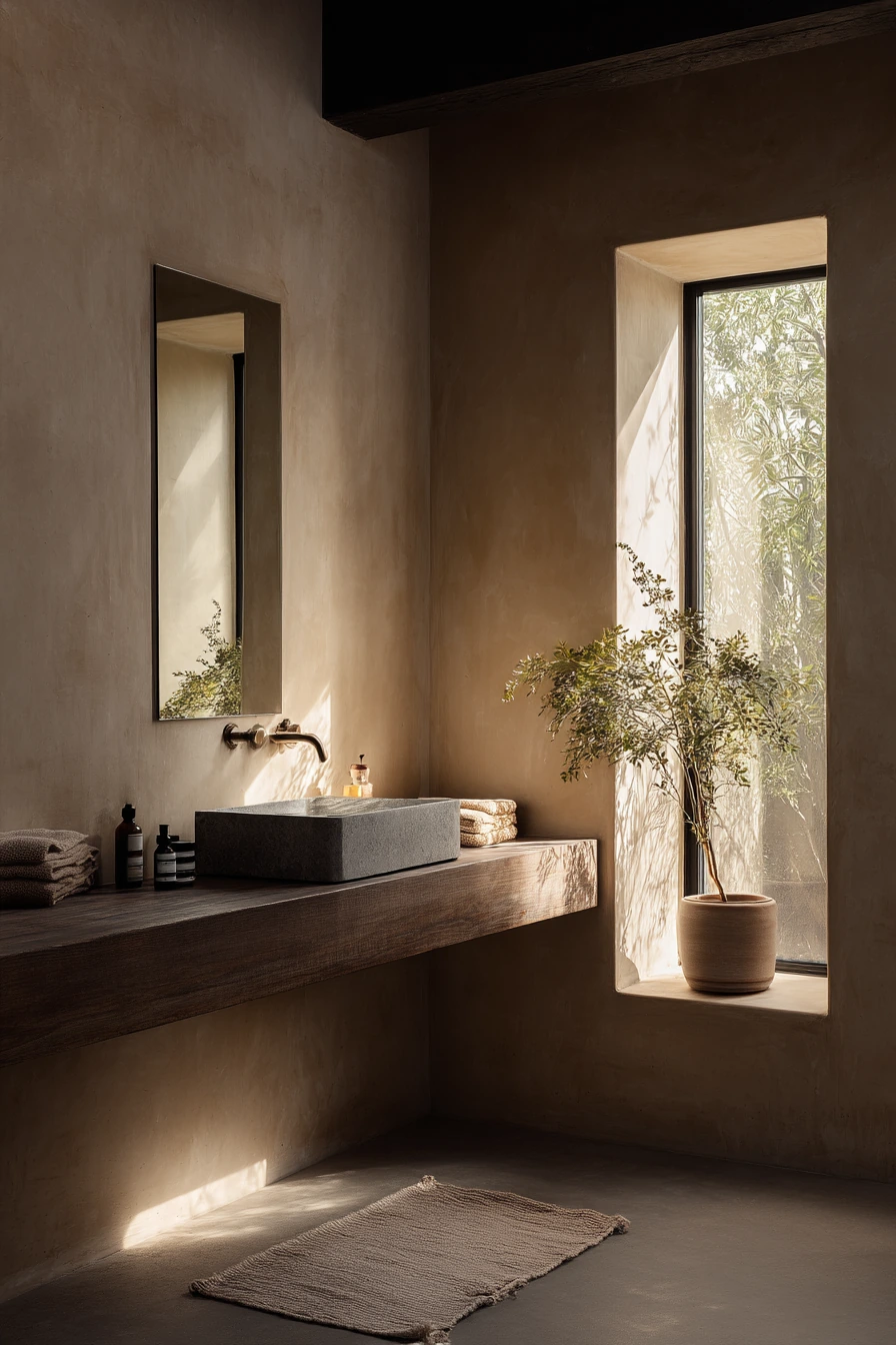Spa-Like Baseboards in a Minimal Calm Bath