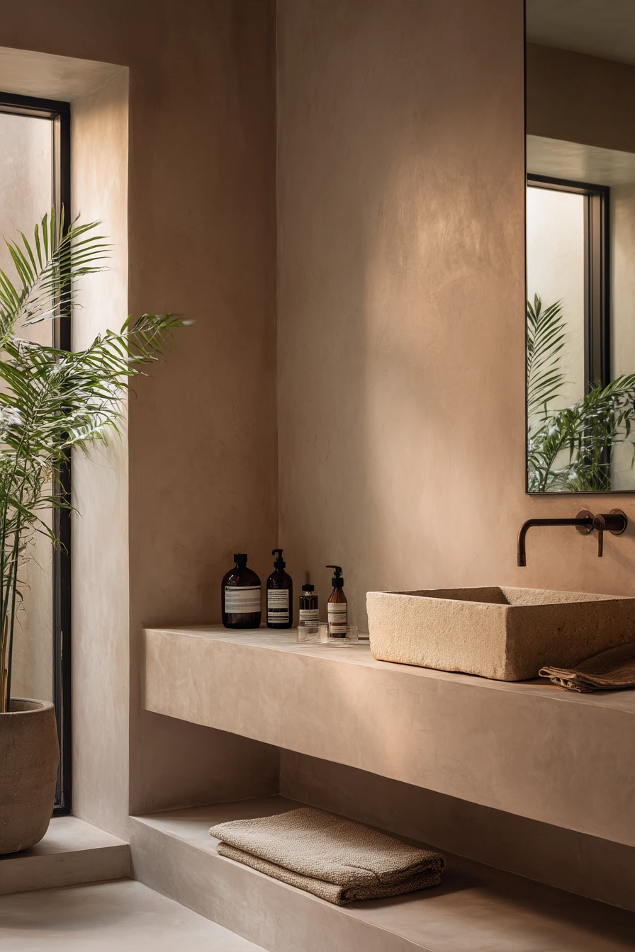 Spa-Like Baseboards in a Minimal Calm Bath
