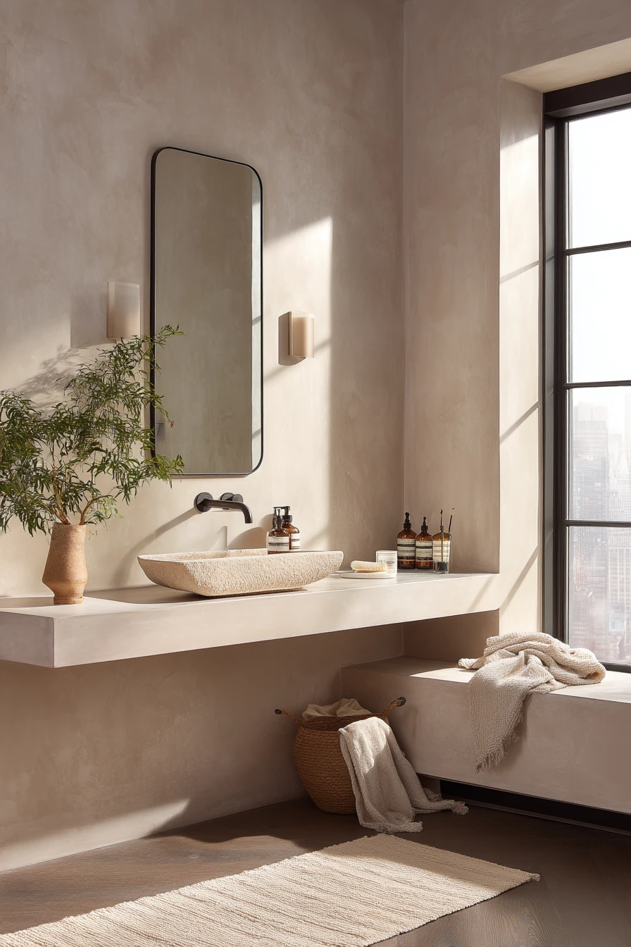 Spa-Like Baseboards in a Minimal Calm Bath
