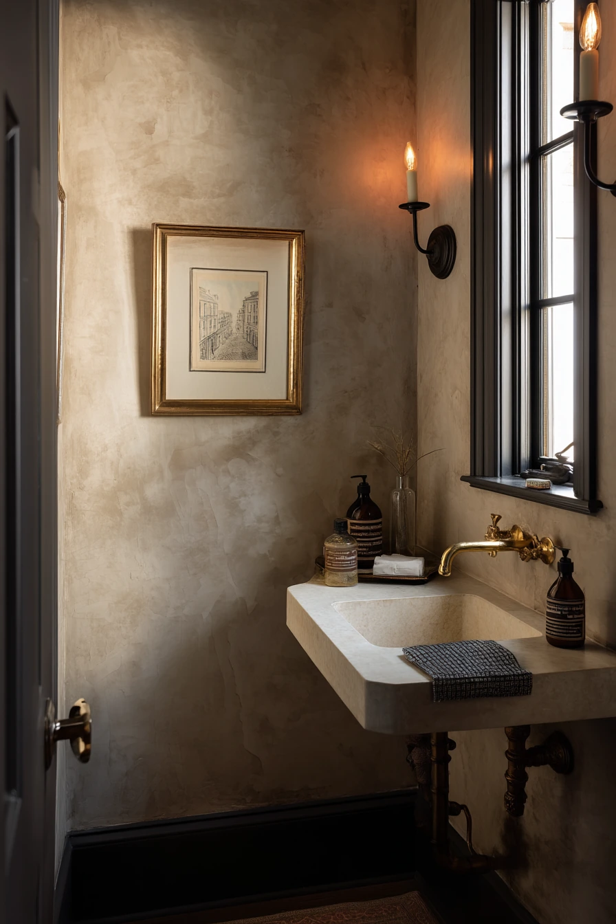 Dark Trim Baseboards Beside a Moody Powder Room
