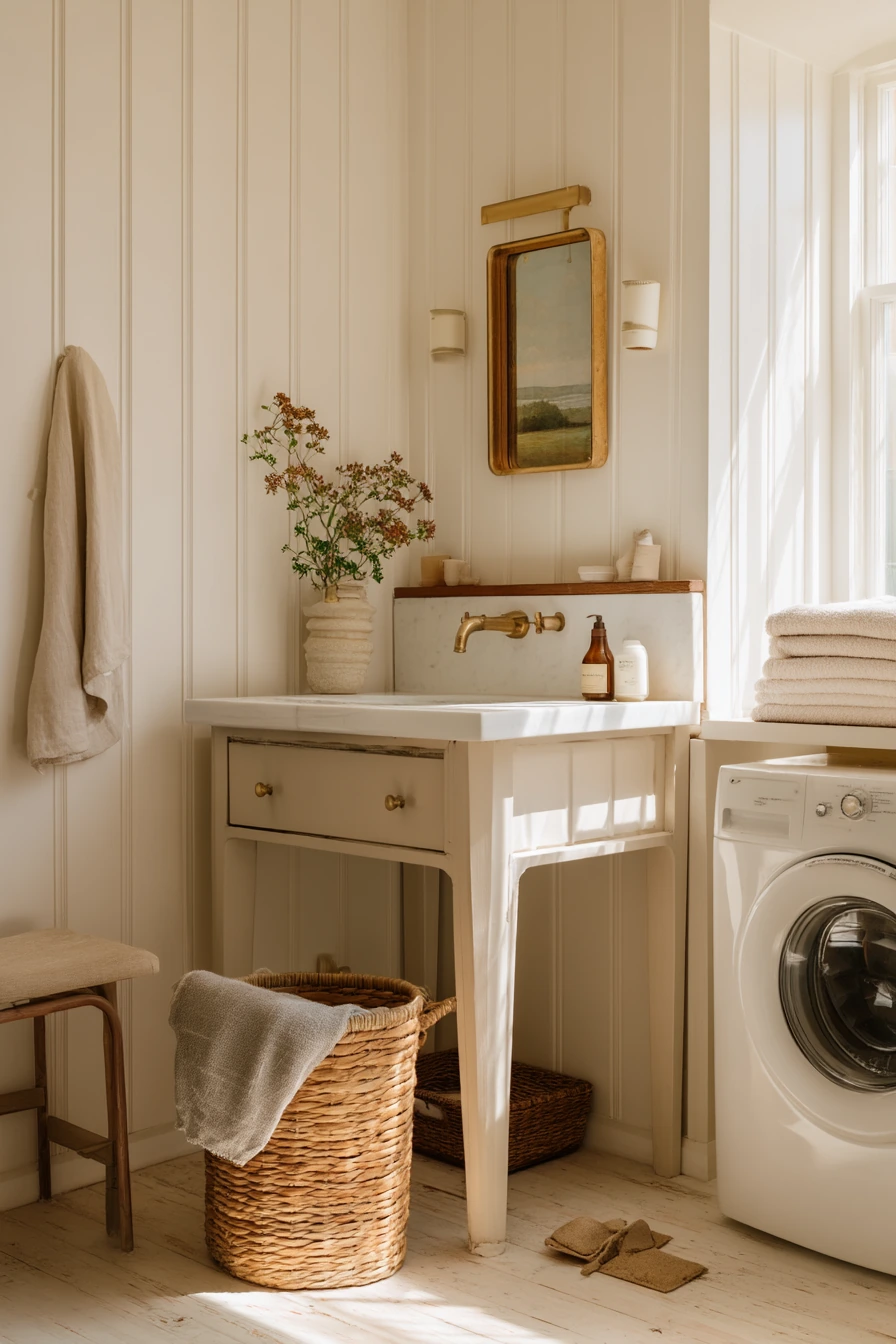 7. Farmhouse Bath, Beadboard and Everyday Laundry