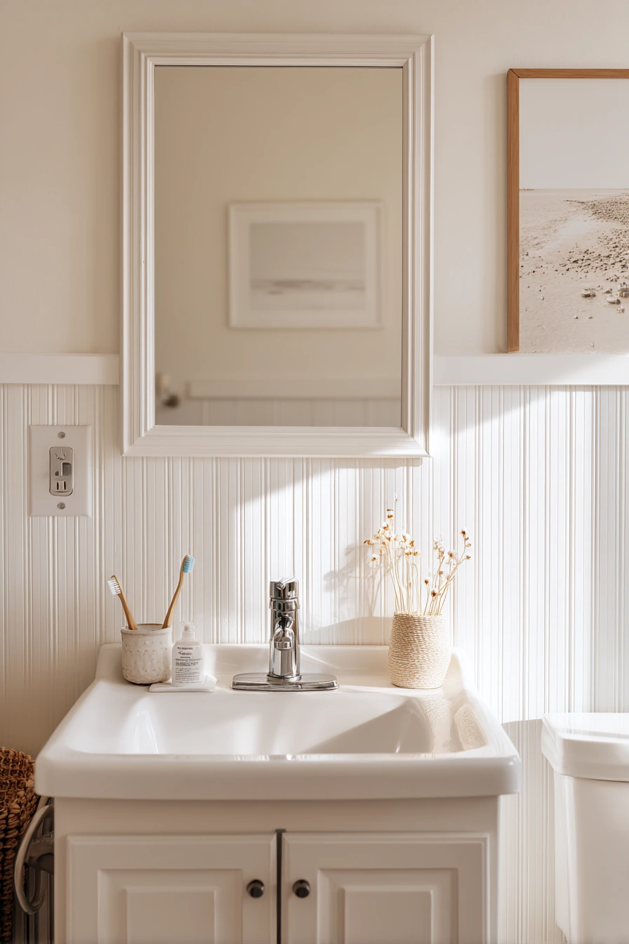 2. Renter-Friendly Beadboard Behind the Vanity
