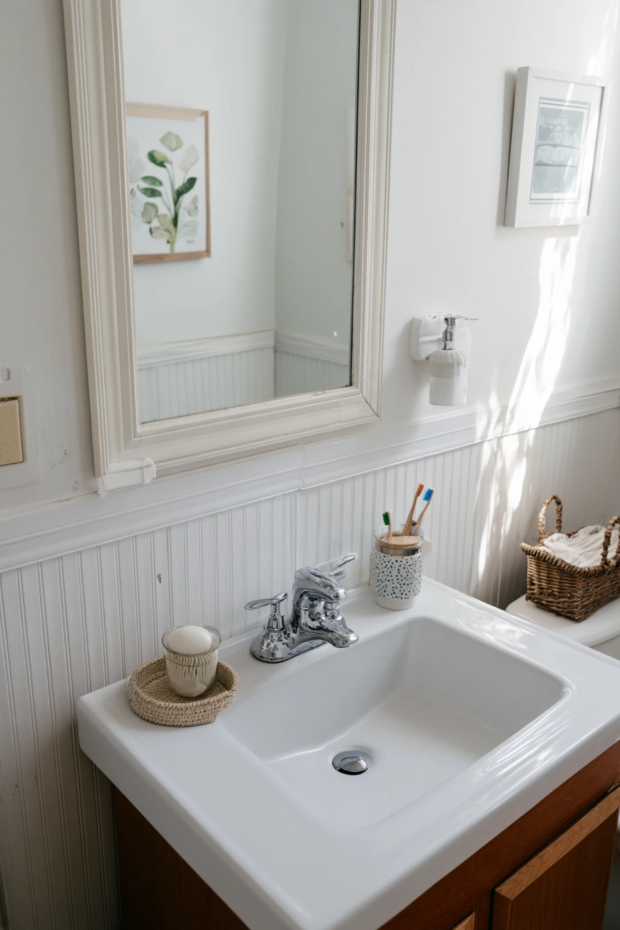 2. Renter-Friendly Beadboard Behind the Vanity