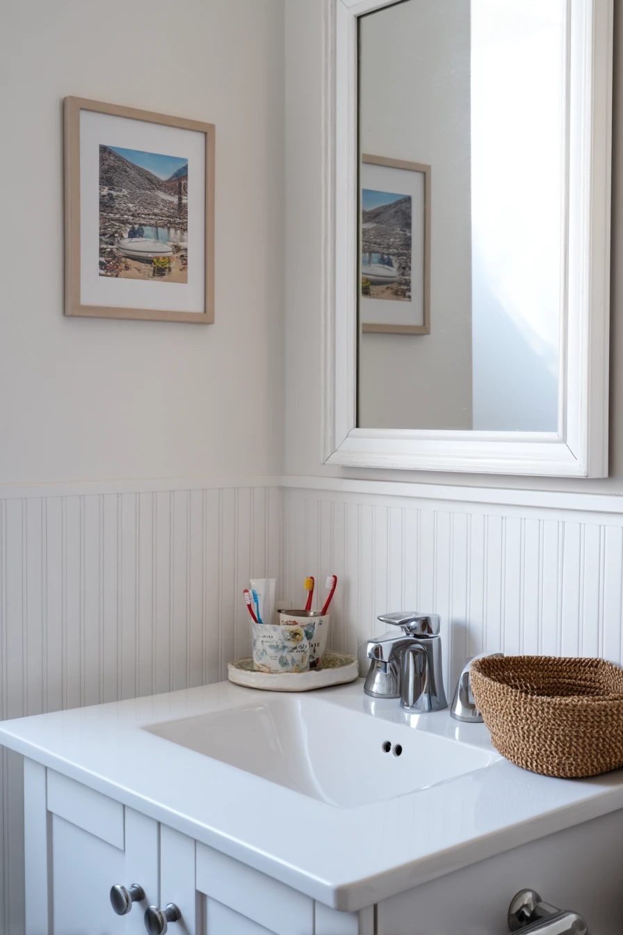 2. Renter-Friendly Beadboard Behind the Vanity