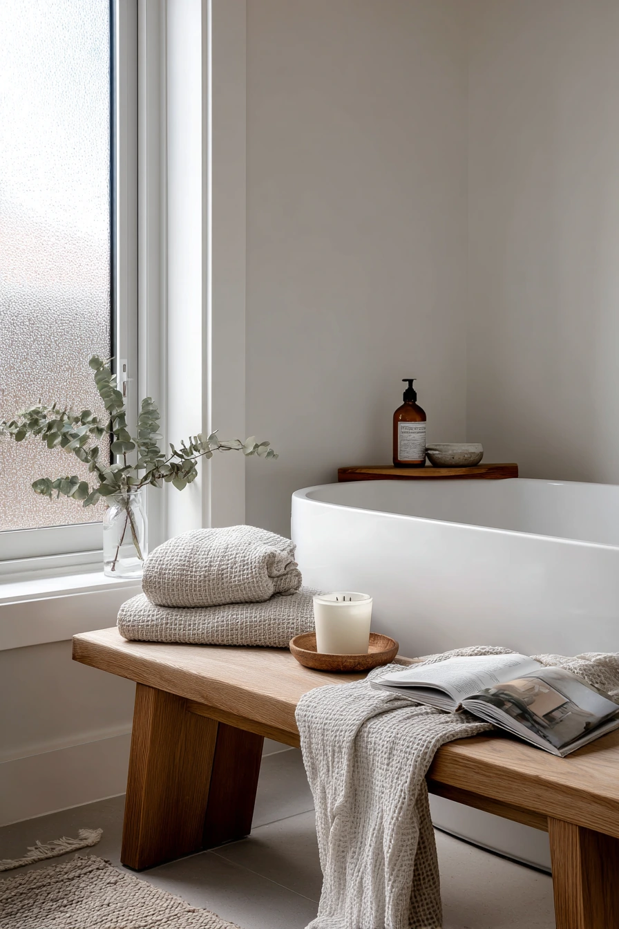 Small-Space Oak Bench by the Tub