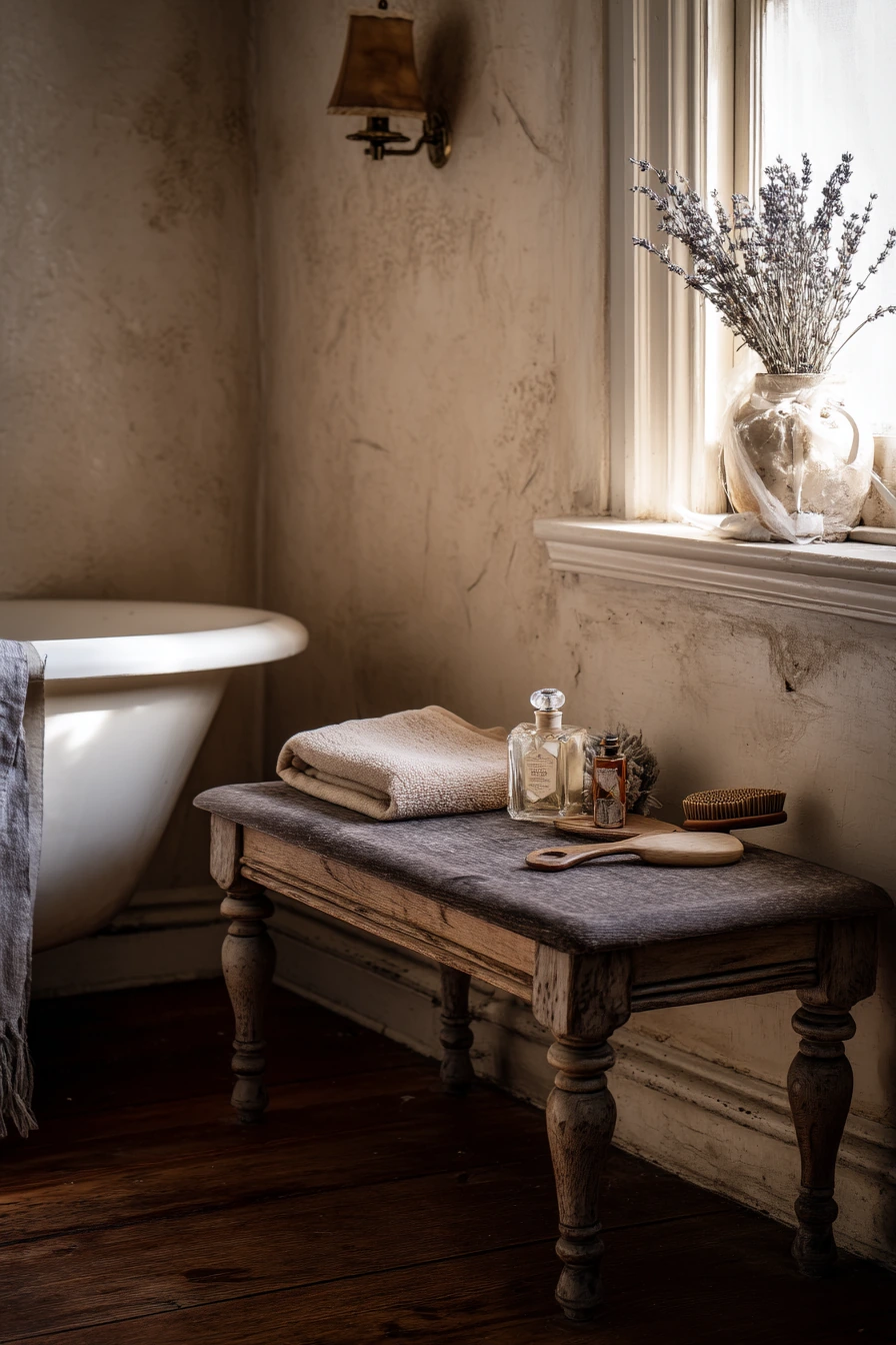 Vintage Bench in a Soft Eclectic Bath