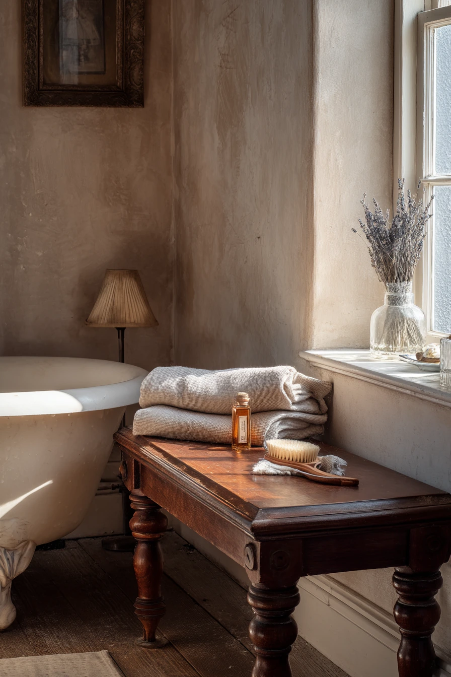 Vintage Bench in a Soft Eclectic Bath