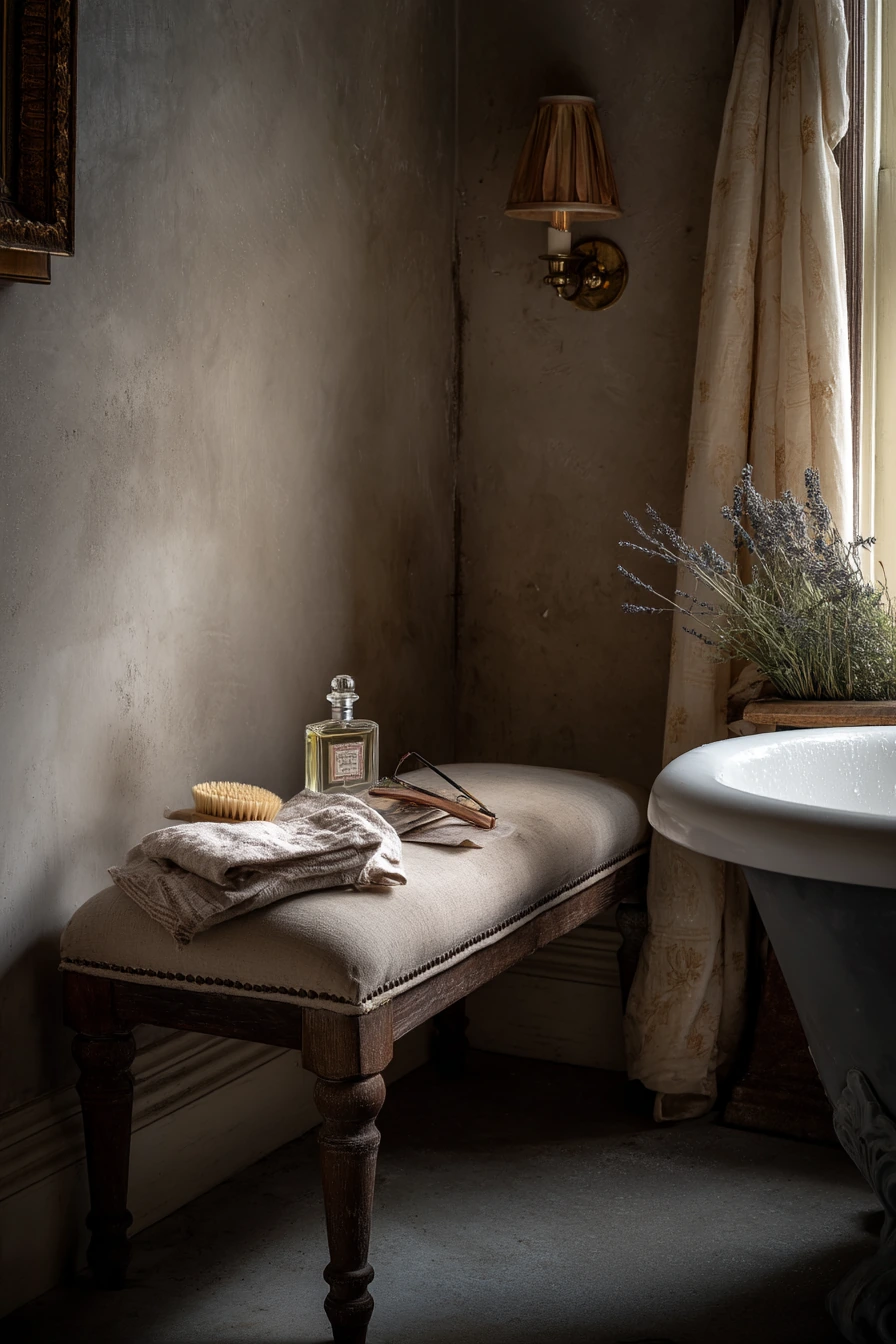 Vintage Bench in a Soft Eclectic Bath