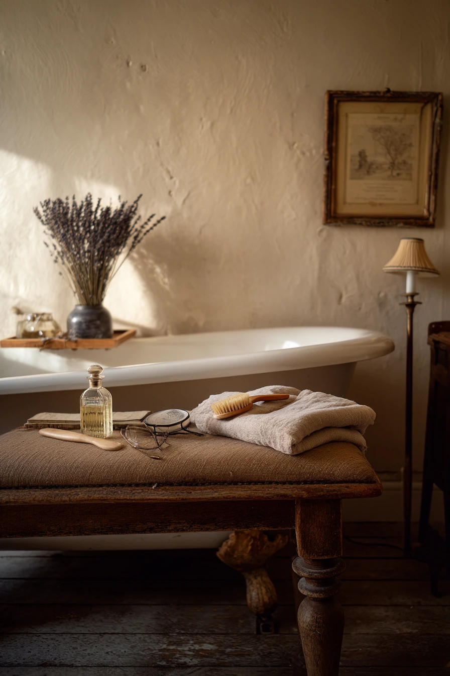 Vintage Bench in a Soft Eclectic Bath