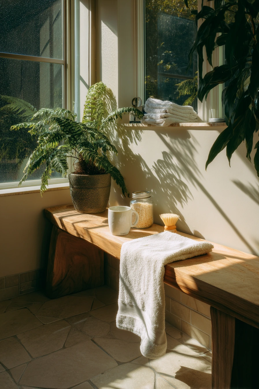 Window Bench with Plants and Towels