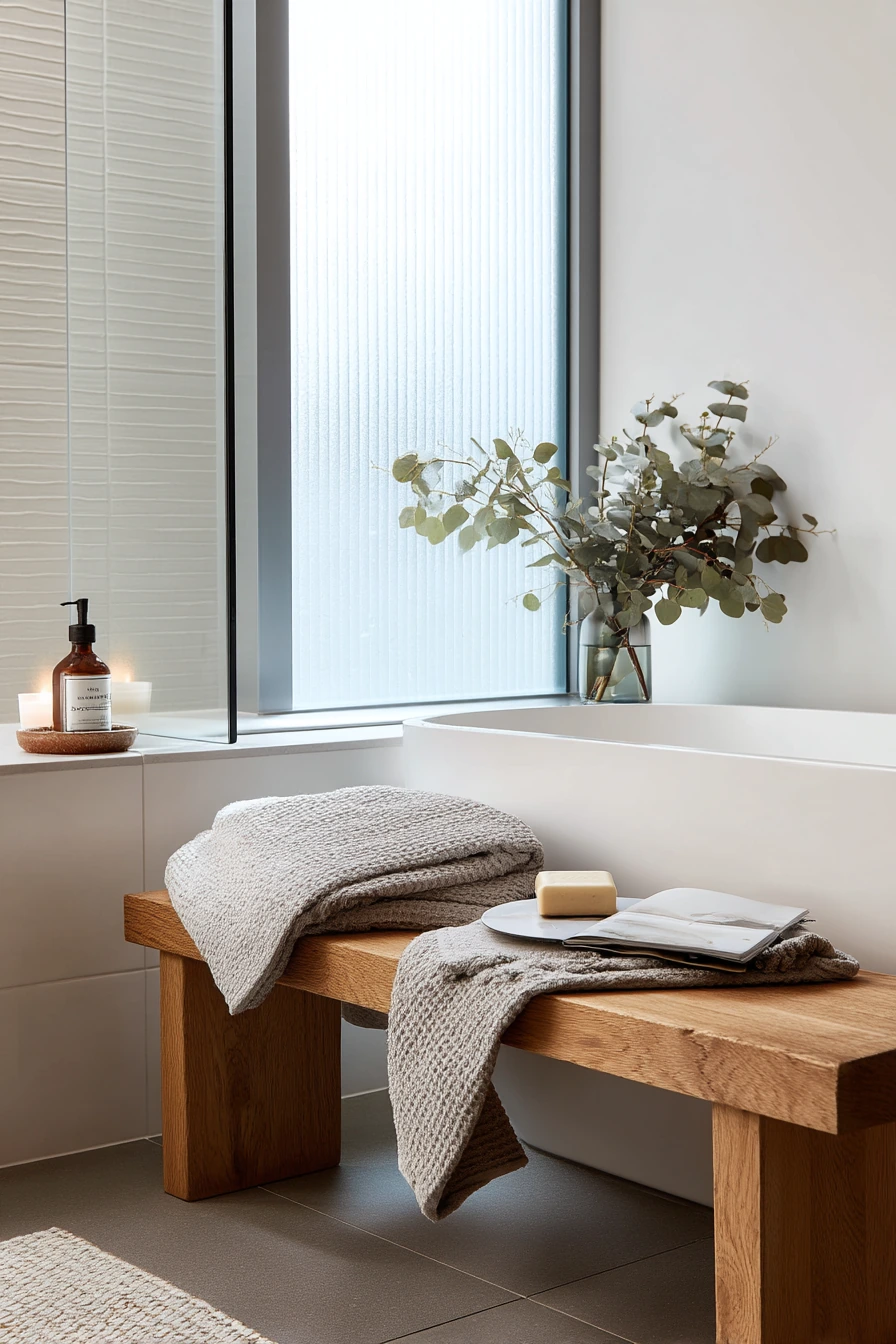 Small-Space Oak Bench by the Tub