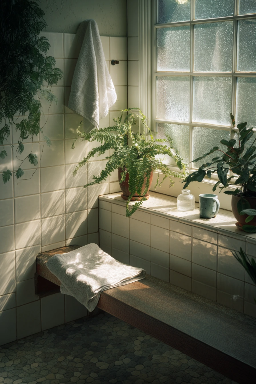 Window Bench with Plants and Towels