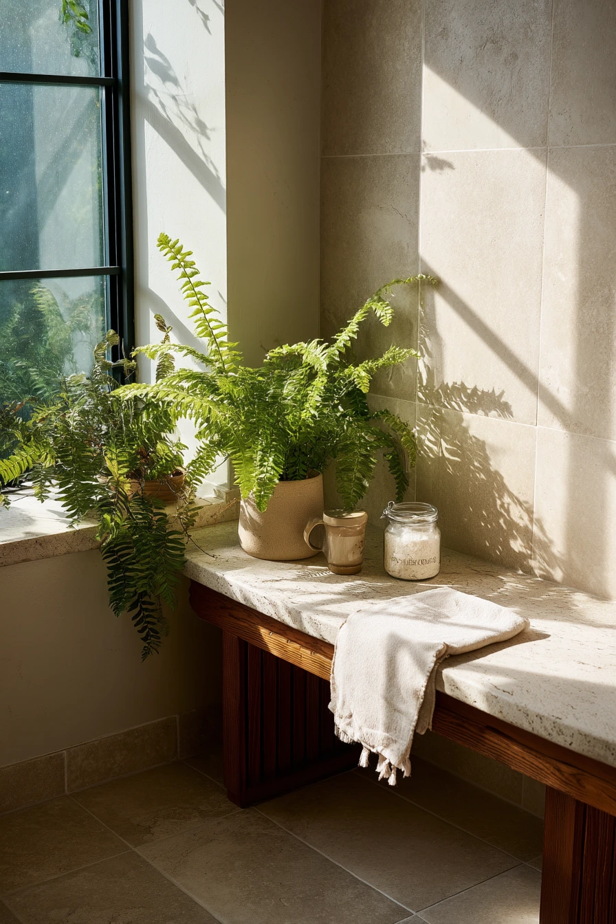 Window Bench with Plants and Towels