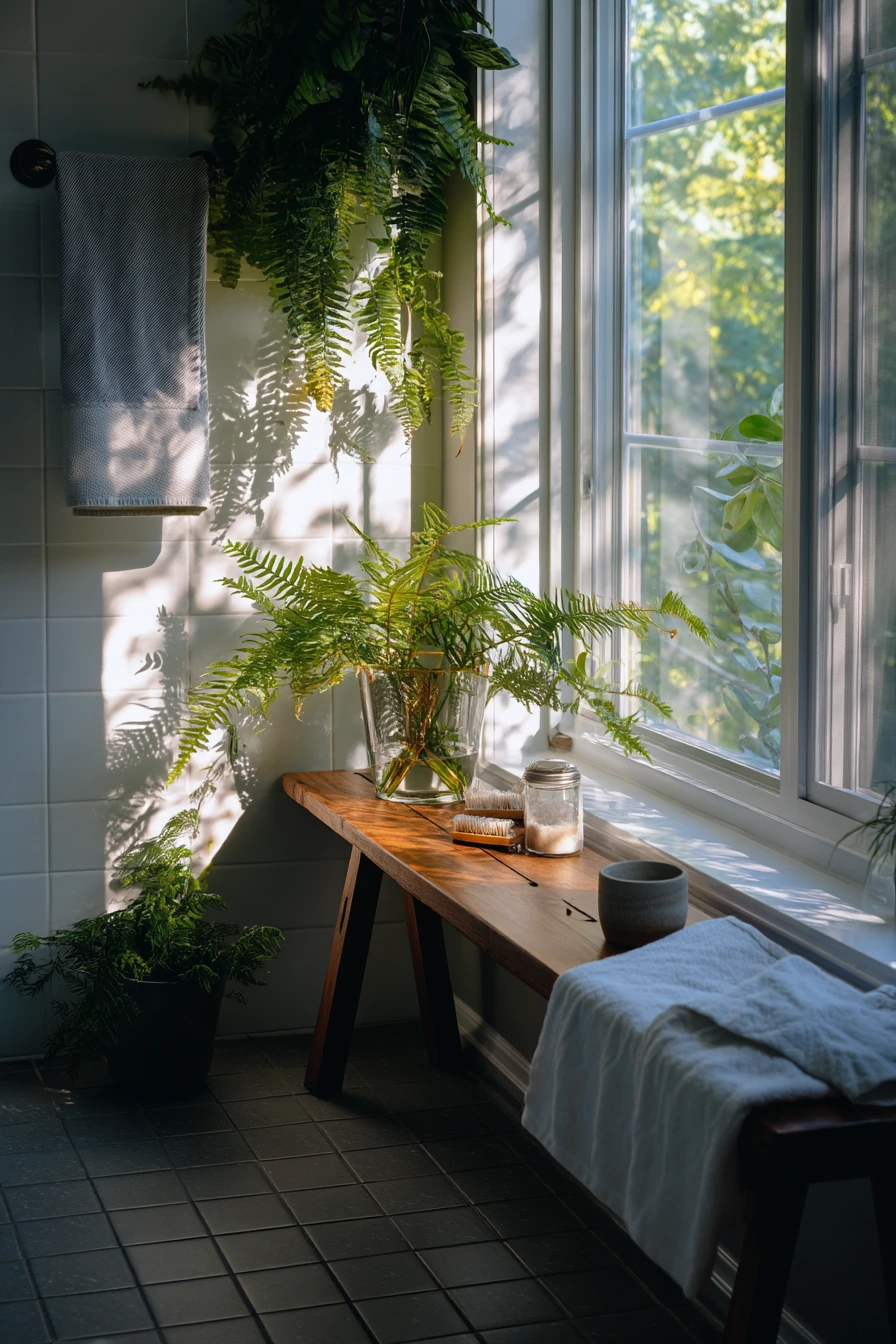 Window Bench with Plants and Towels