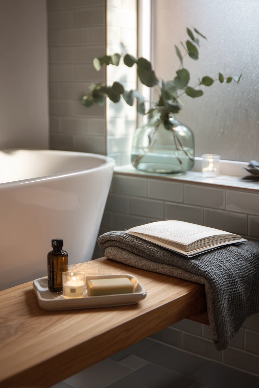 Small-Space Oak Bench by the Tub