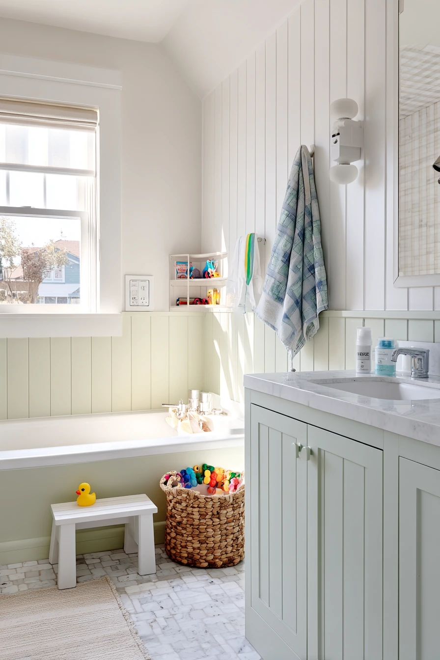 Kids’ Bathroom with Cheerful Lower Wall Paneling