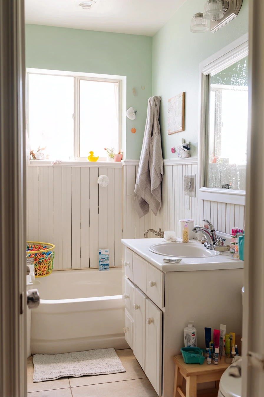 Kids’ Bathroom with Cheerful Lower Wall Paneling