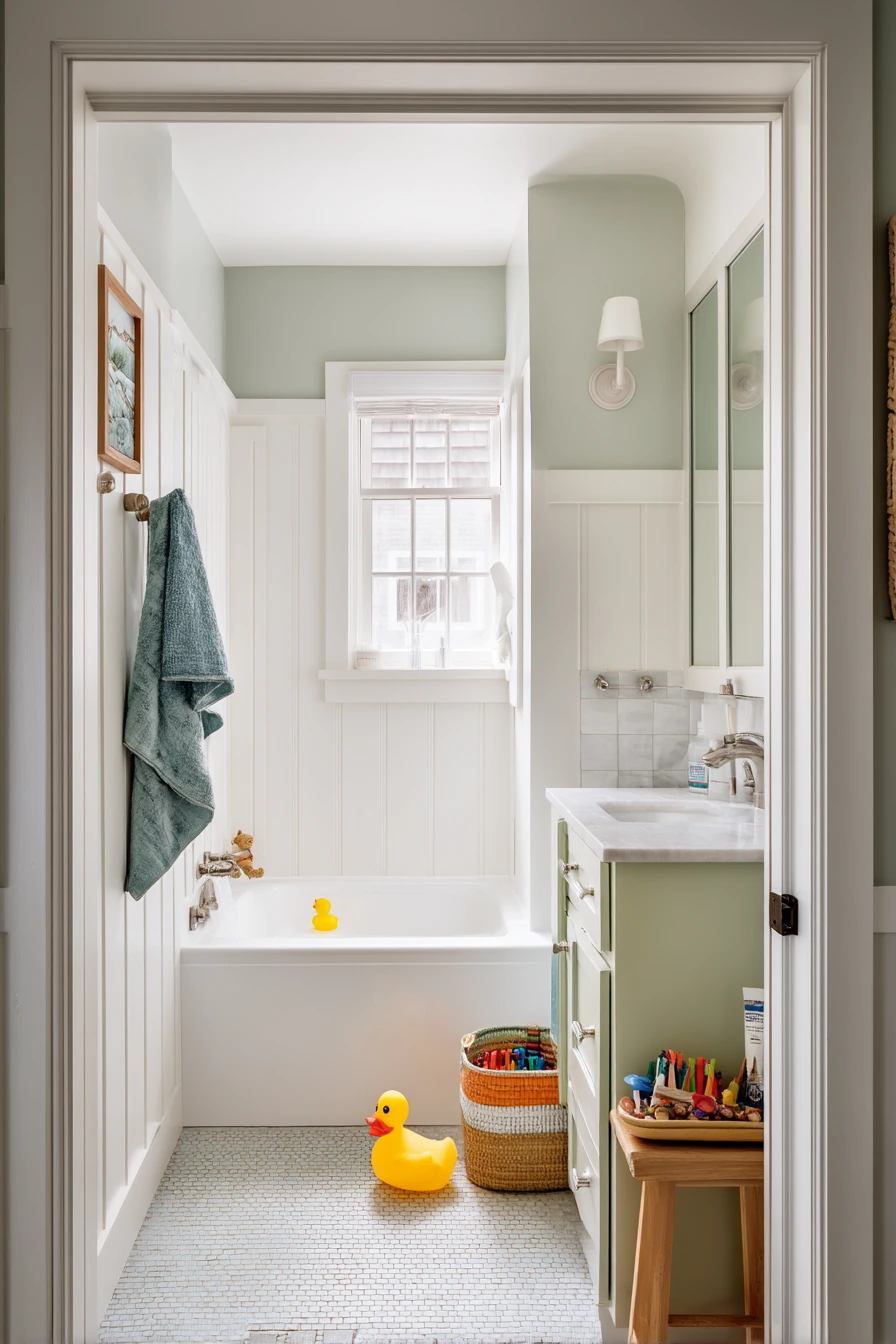Kids’ Bathroom with Cheerful Lower Wall Paneling