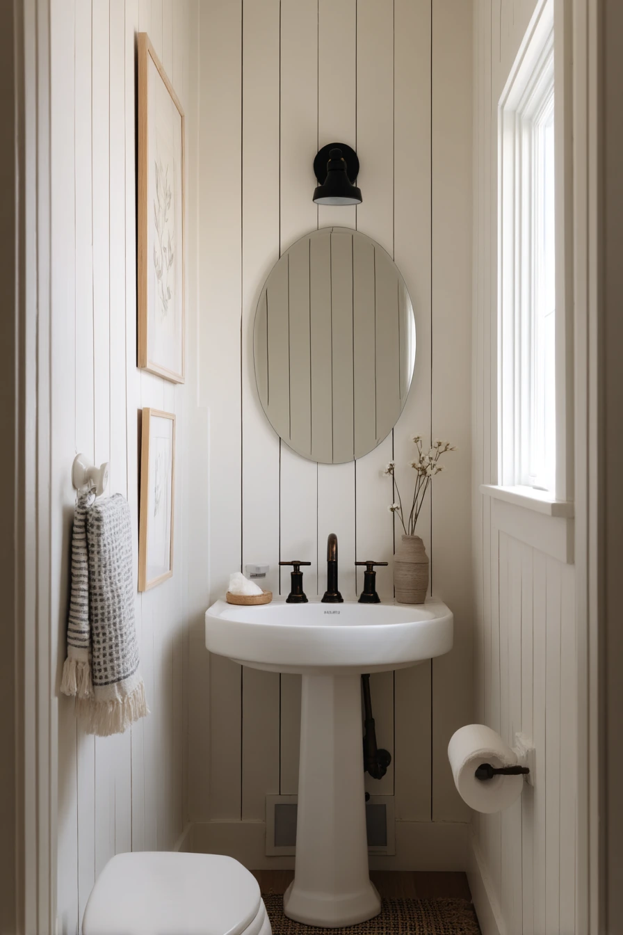 Compact Powder Room with Vertical Board and Batten