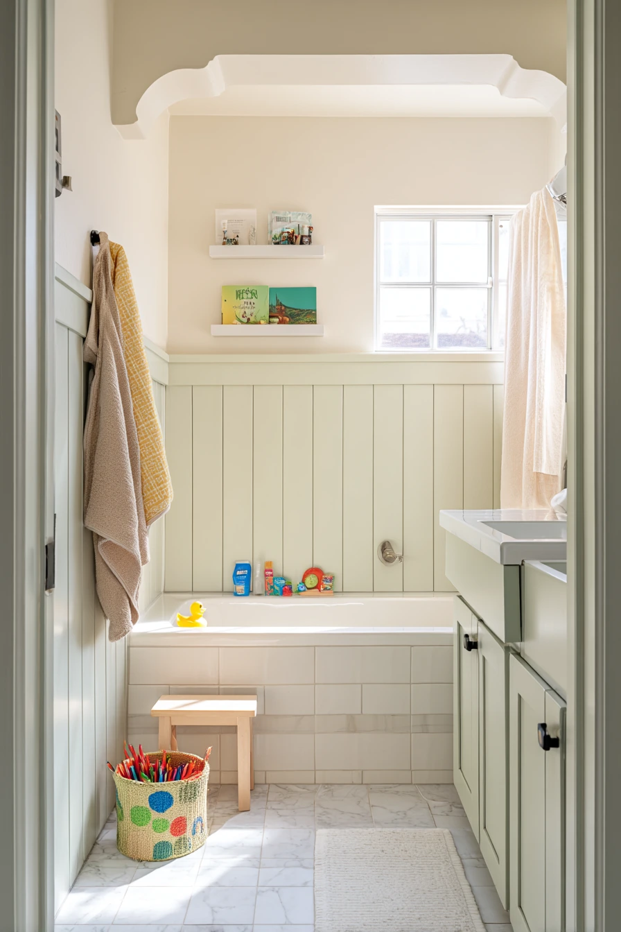 Kids’ Bathroom with Cheerful Lower Wall Paneling