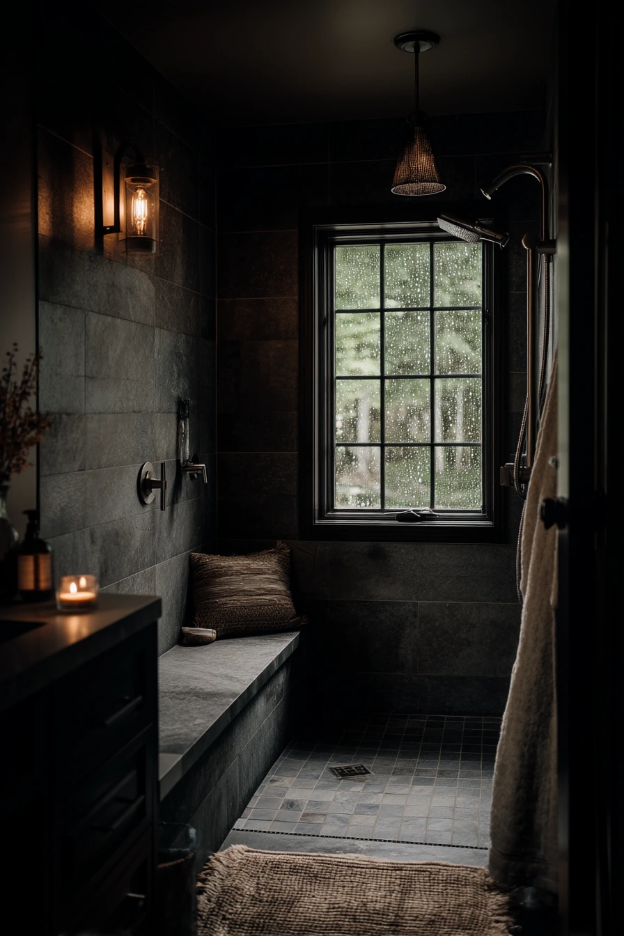 Built-In Bench in a Moody Primary Bath