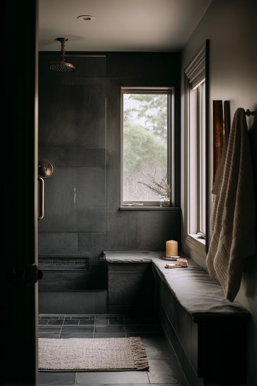 Built-In Bench in a Moody Primary Bath