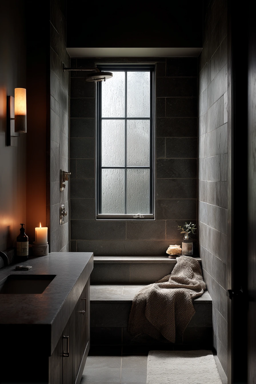 Built-In Bench in a Moody Primary Bath