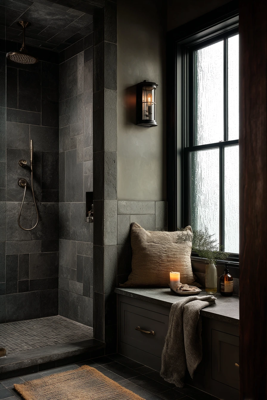 Built-In Bench in a Moody Primary Bath