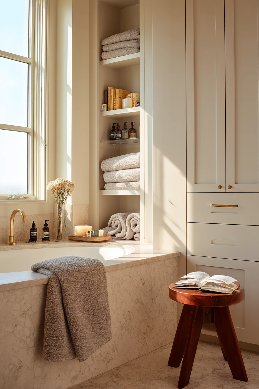 Spa-Like Bath With Recessed Wall Cabinets