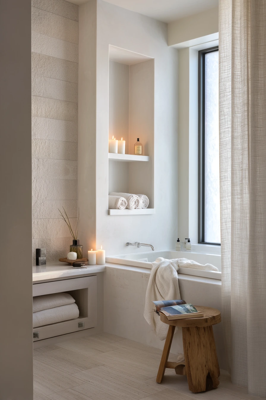 Spa-Like Bath With Recessed Wall Cabinets