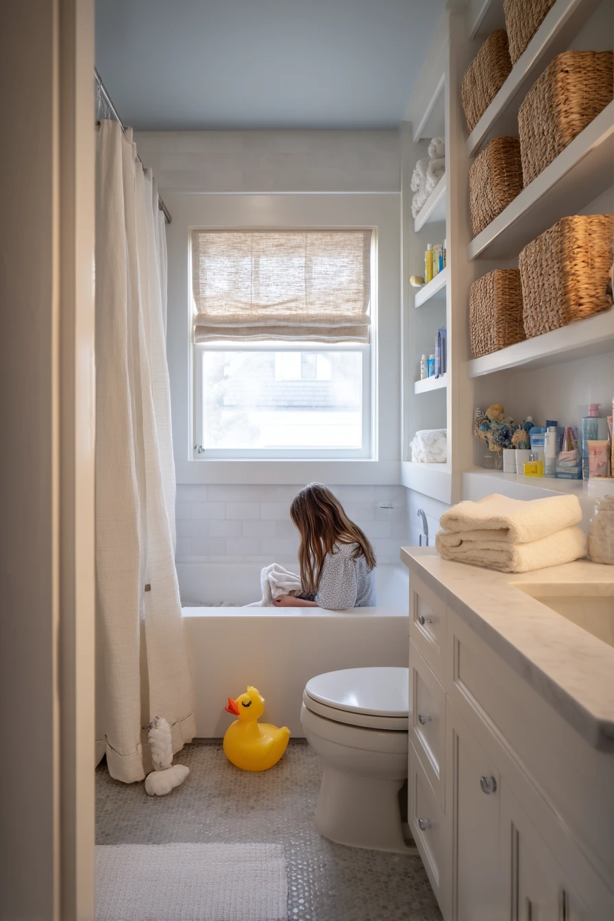 Family Bathroom With Tall Linen Storage