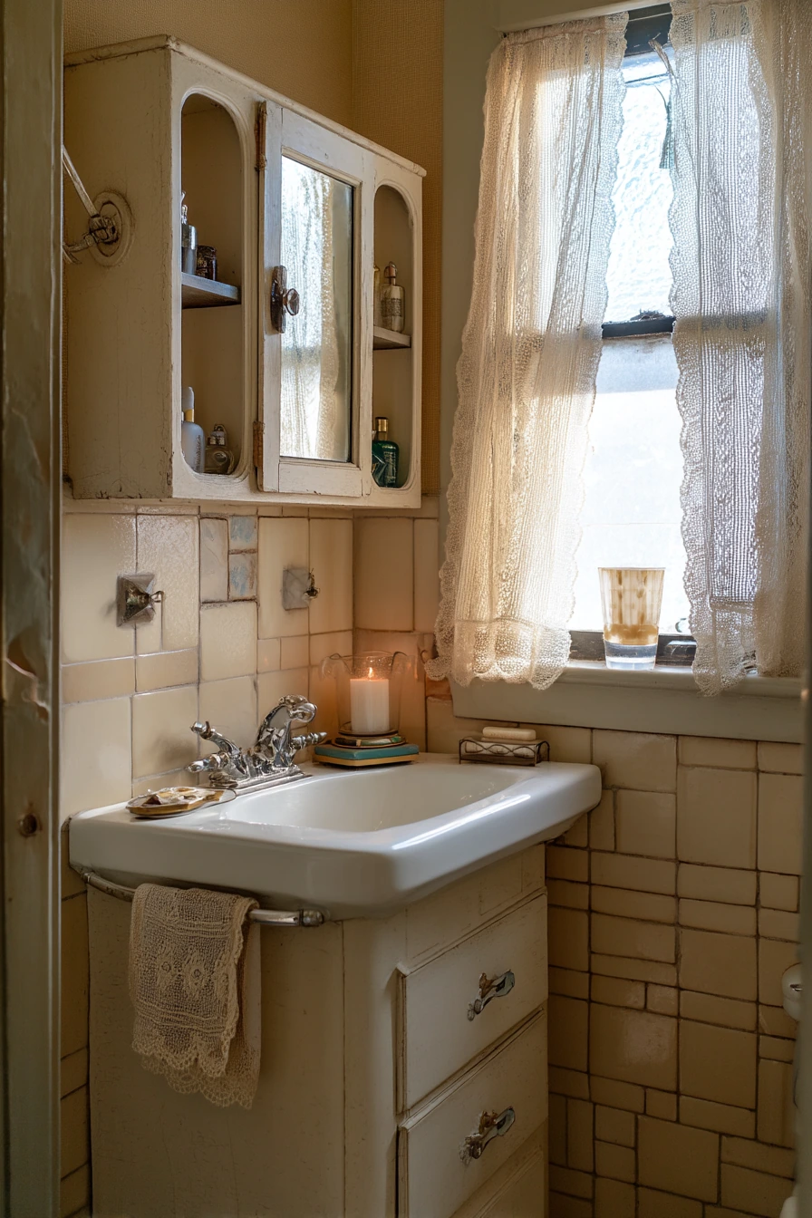 Vintage Home Bath With Built-In Alcoves