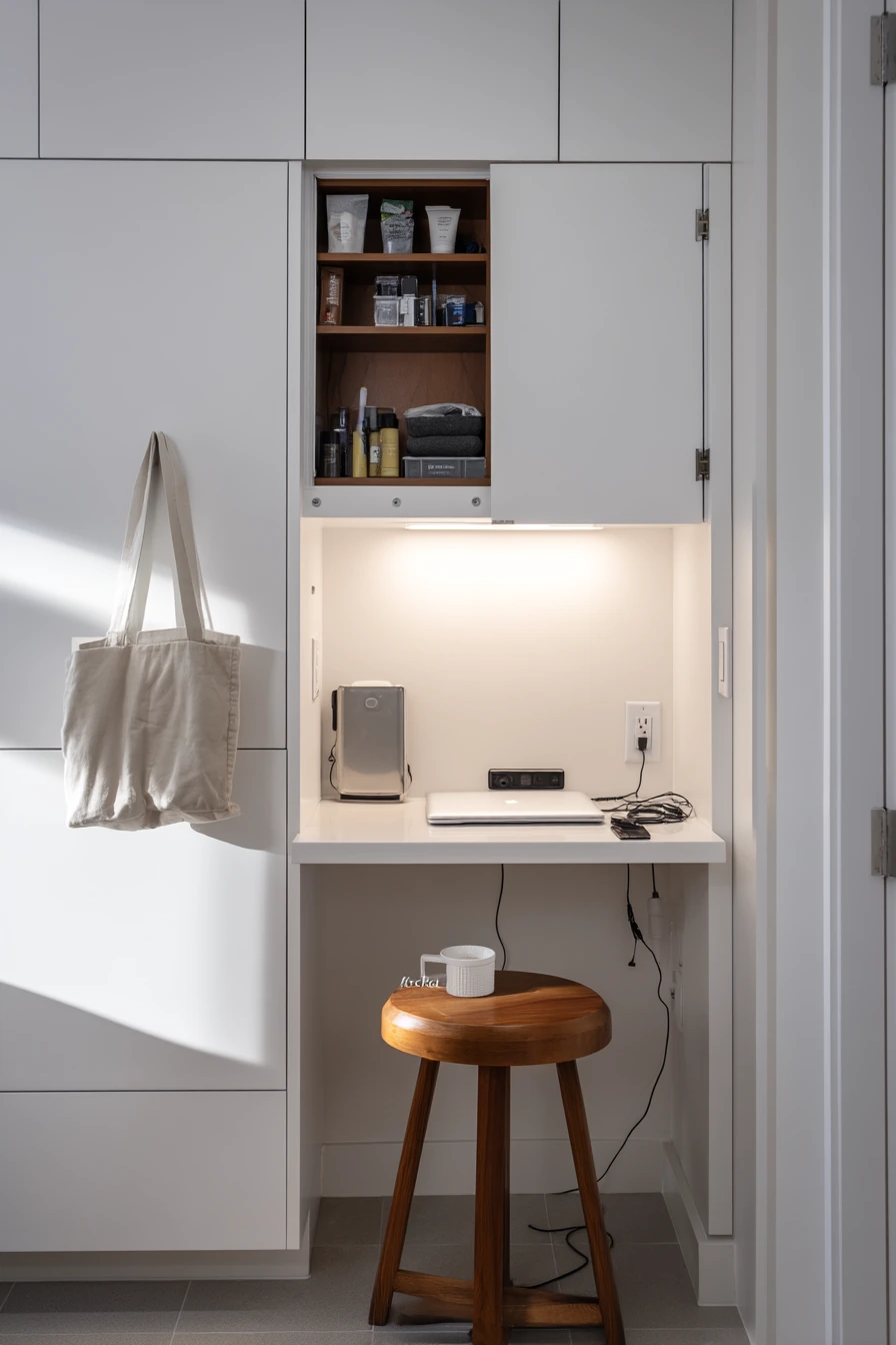 Minimal Storage Wall in a Compact Condo Bath