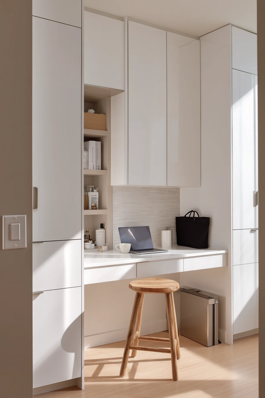 Minimal Storage Wall in a Compact Condo Bath