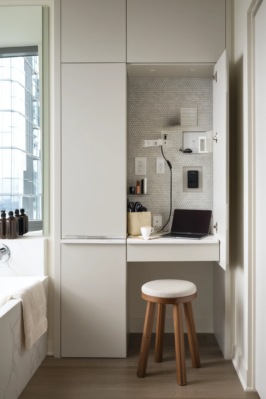 Minimal Storage Wall in a Compact Condo Bath