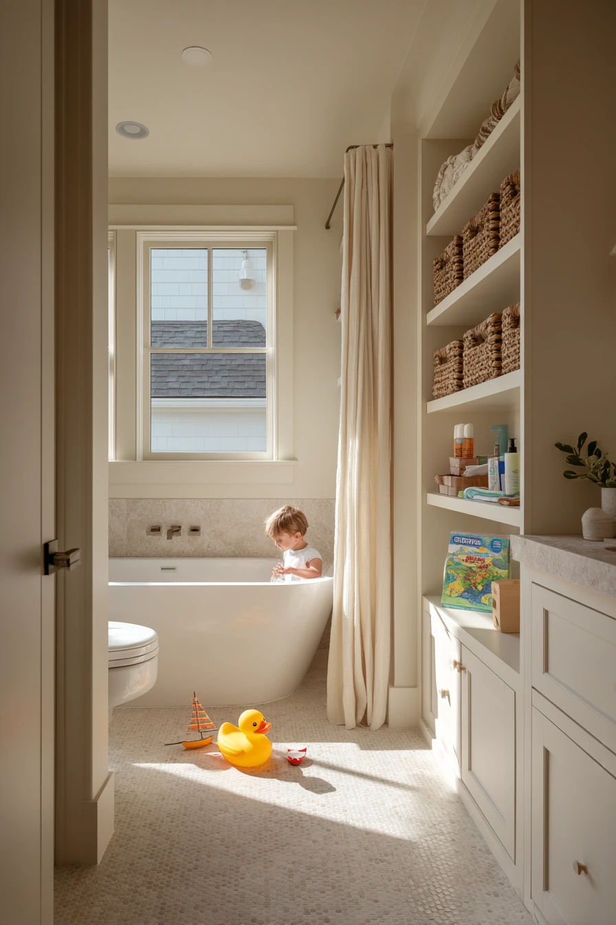 Family Bathroom With Tall Linen Storage