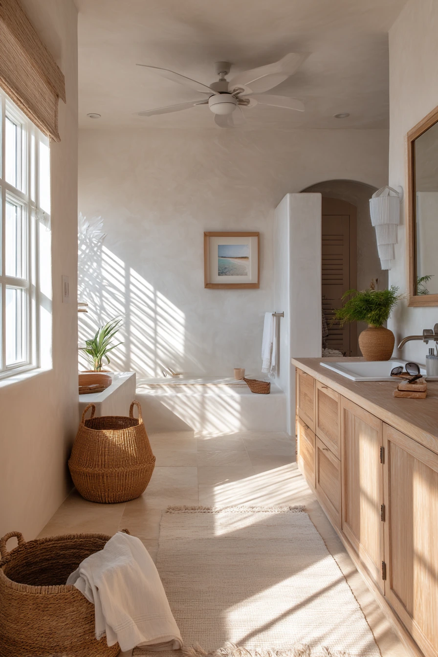 Minimal Coastal Bath with Breezy Ceiling Fan