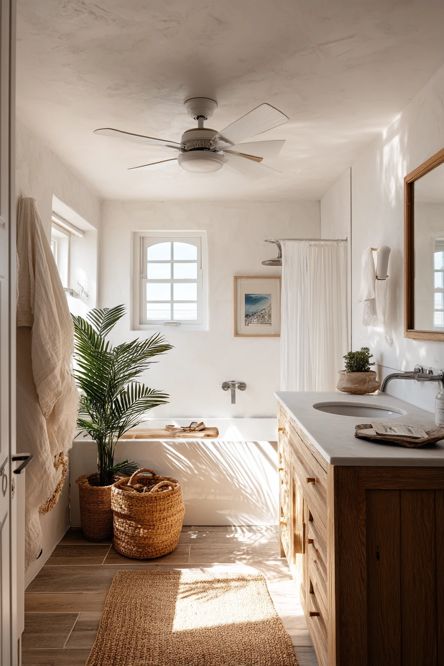 Minimal Coastal Bath with Breezy Ceiling Fan