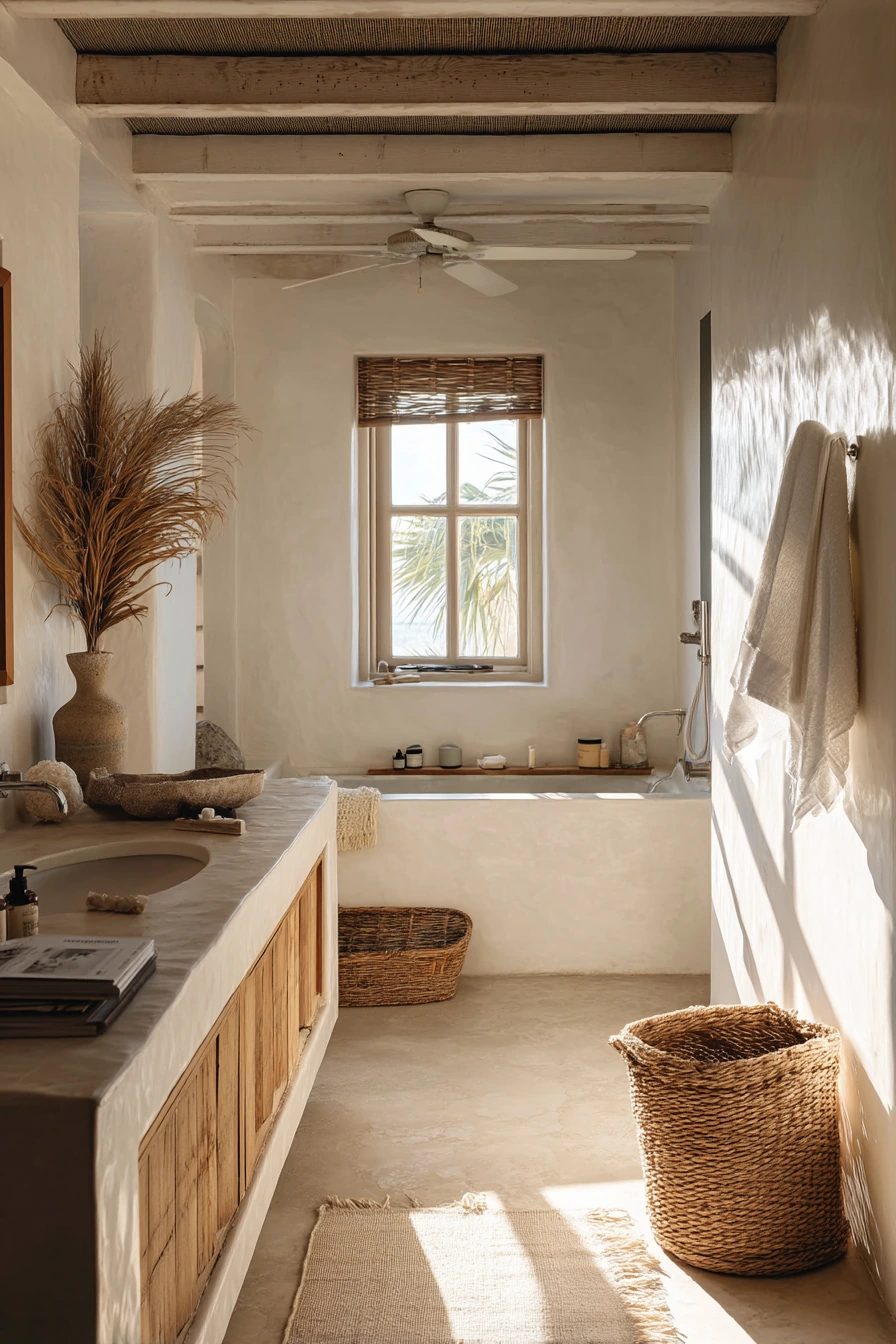 Minimal Coastal Bath with Breezy Ceiling Fan