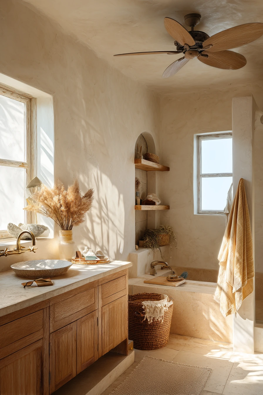 Minimal Coastal Bath with Breezy Ceiling Fan