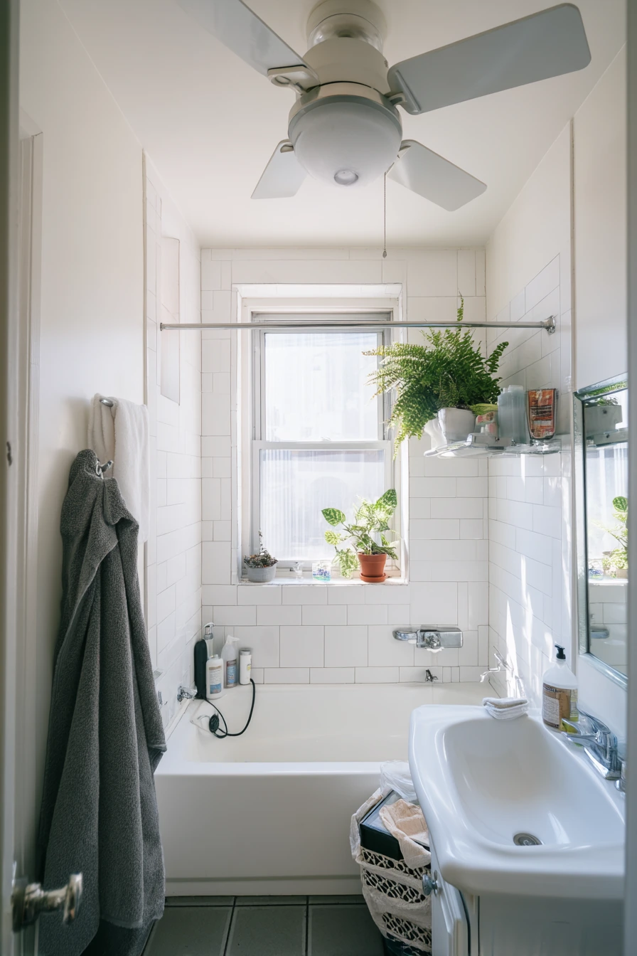 Rental-Friendly Ceiling Fan in a Tiny City Bath