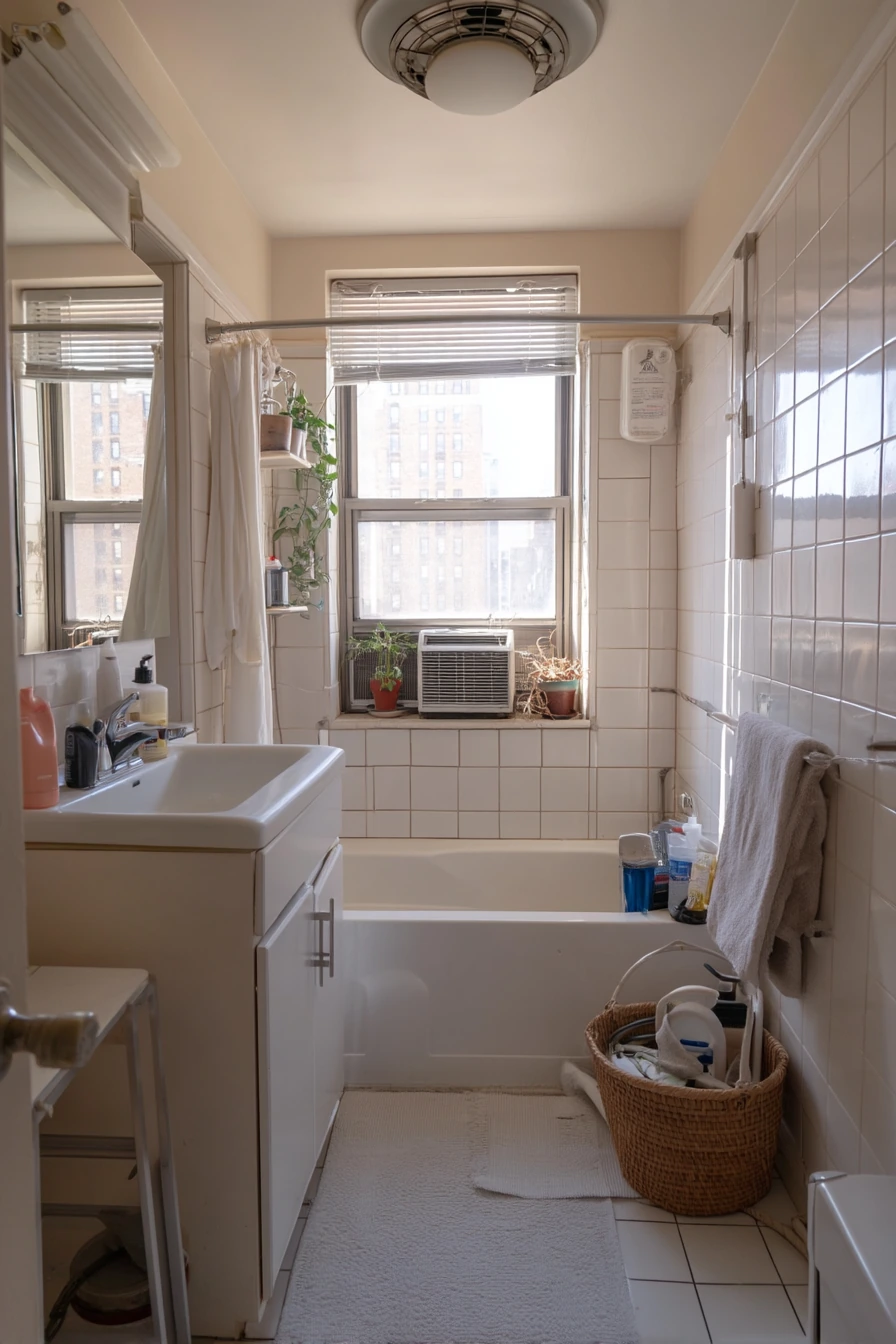 Rental-Friendly Ceiling Fan in a Tiny City Bath