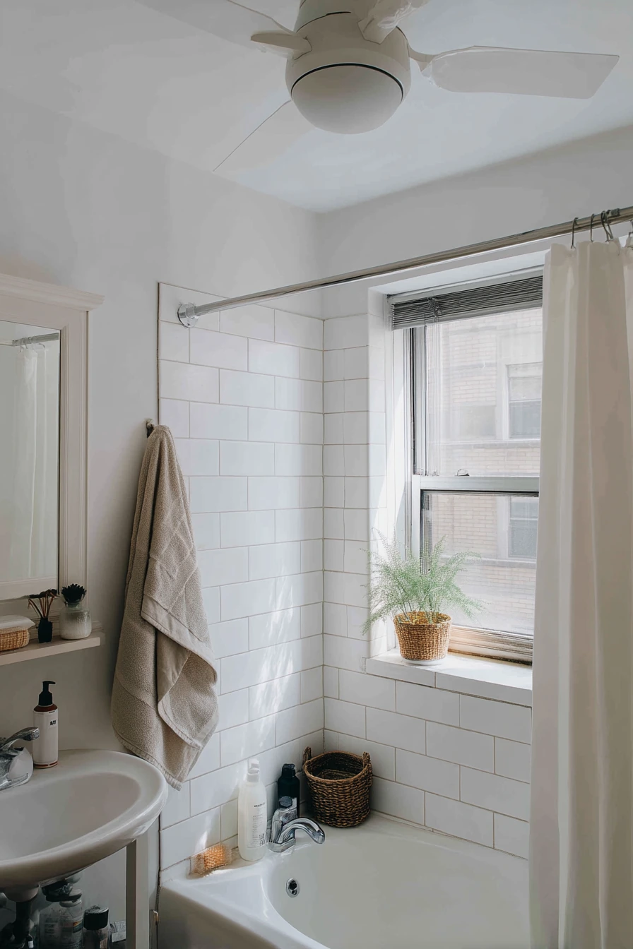 Rental-Friendly Ceiling Fan in a Tiny City Bath