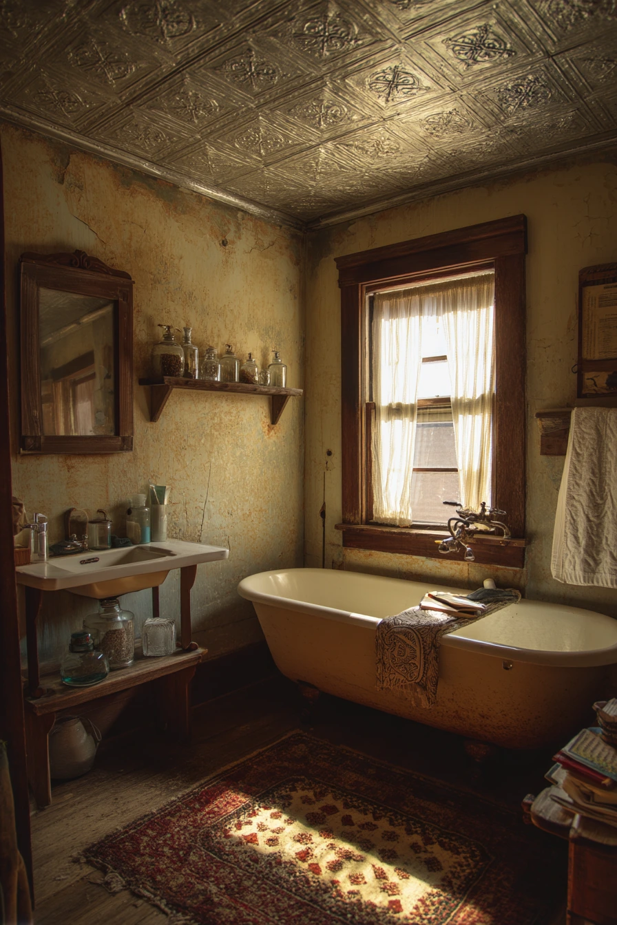 Vintage Tin Ceiling Over a Clawfoot Tub