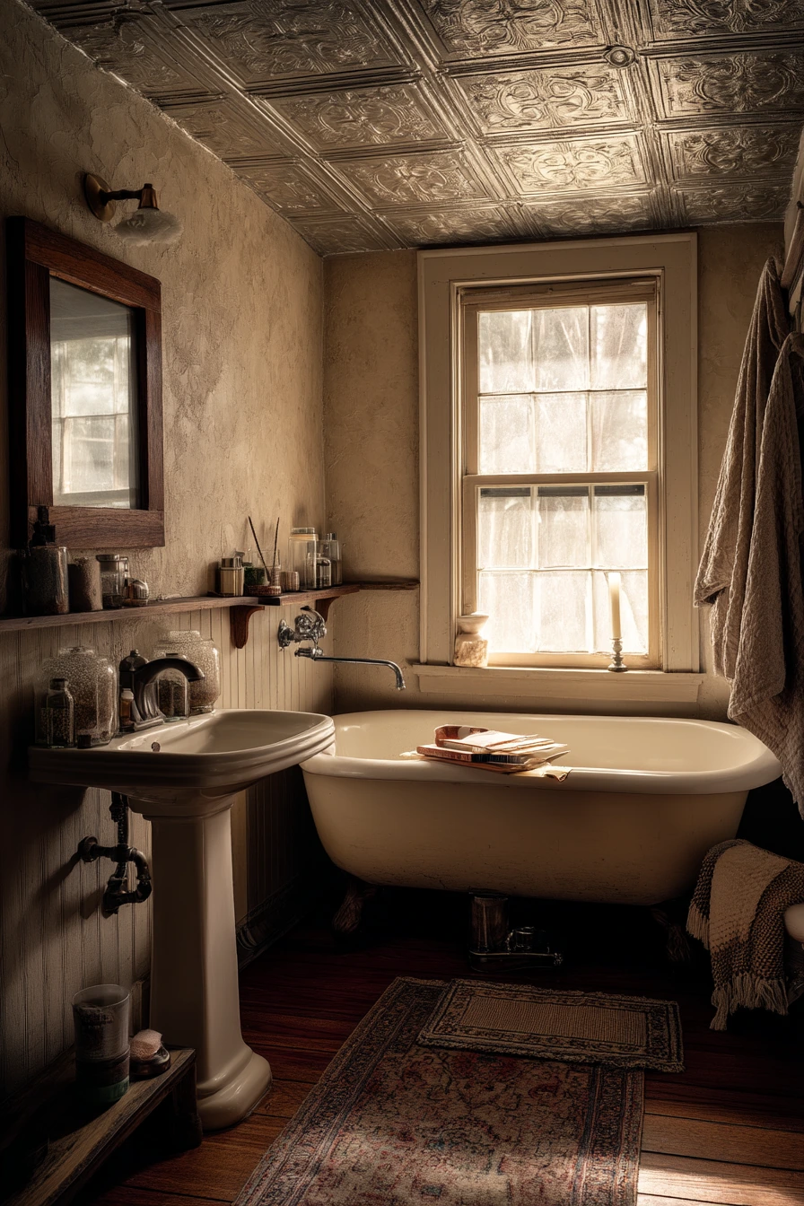 Vintage Tin Ceiling Over a Clawfoot Tub