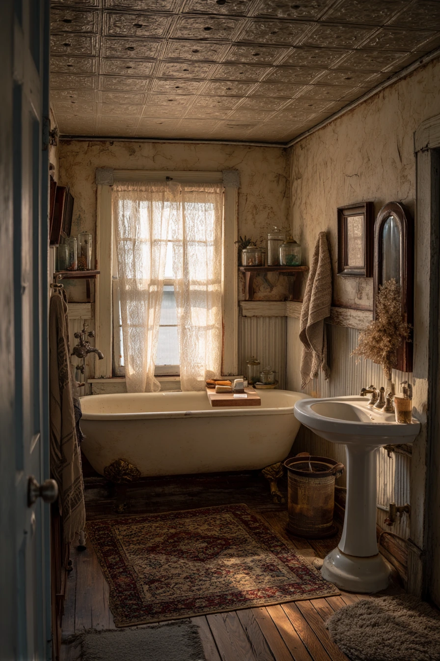 Vintage Tin Ceiling Over a Clawfoot Tub