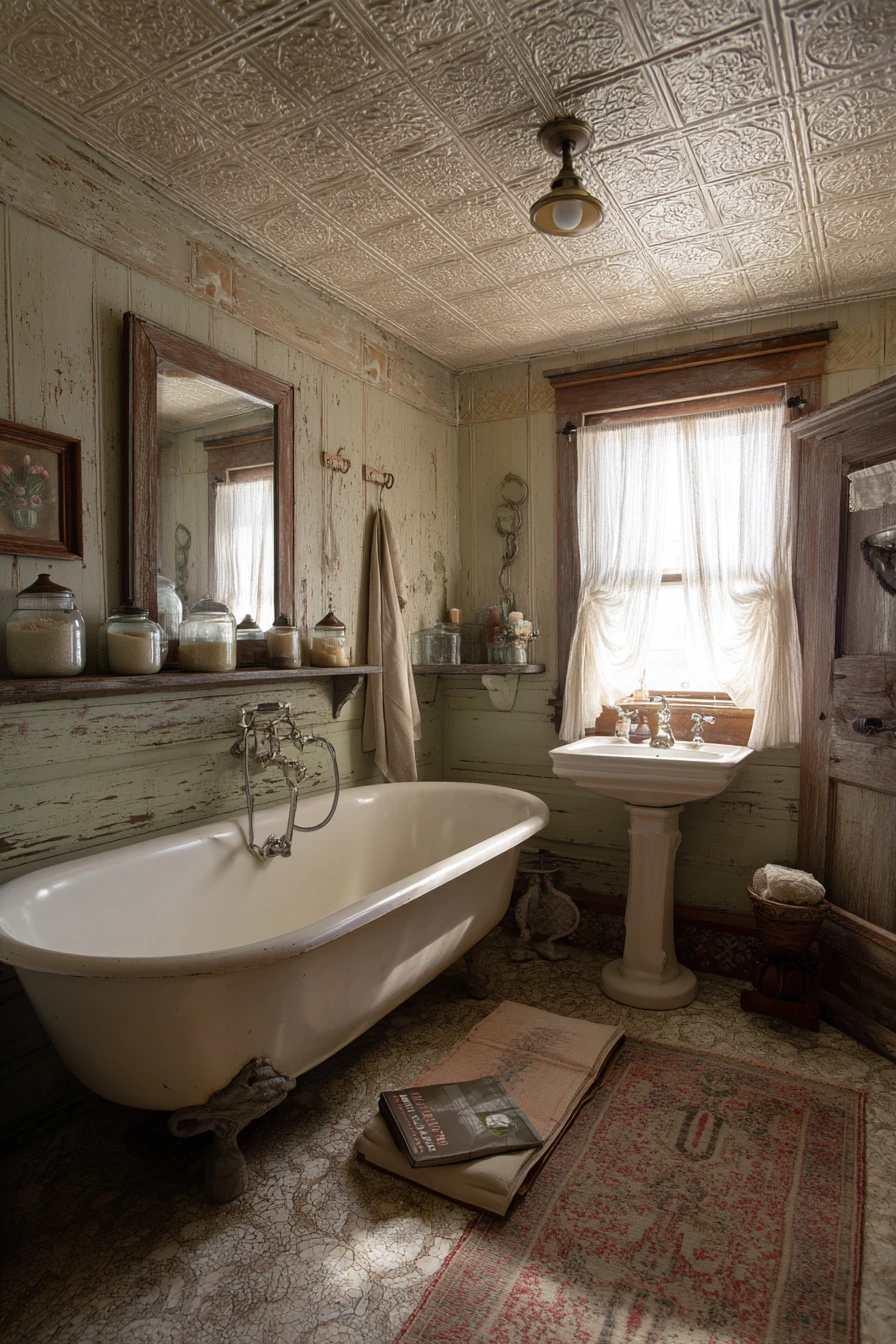 Vintage Tin Ceiling Over a Clawfoot Tub