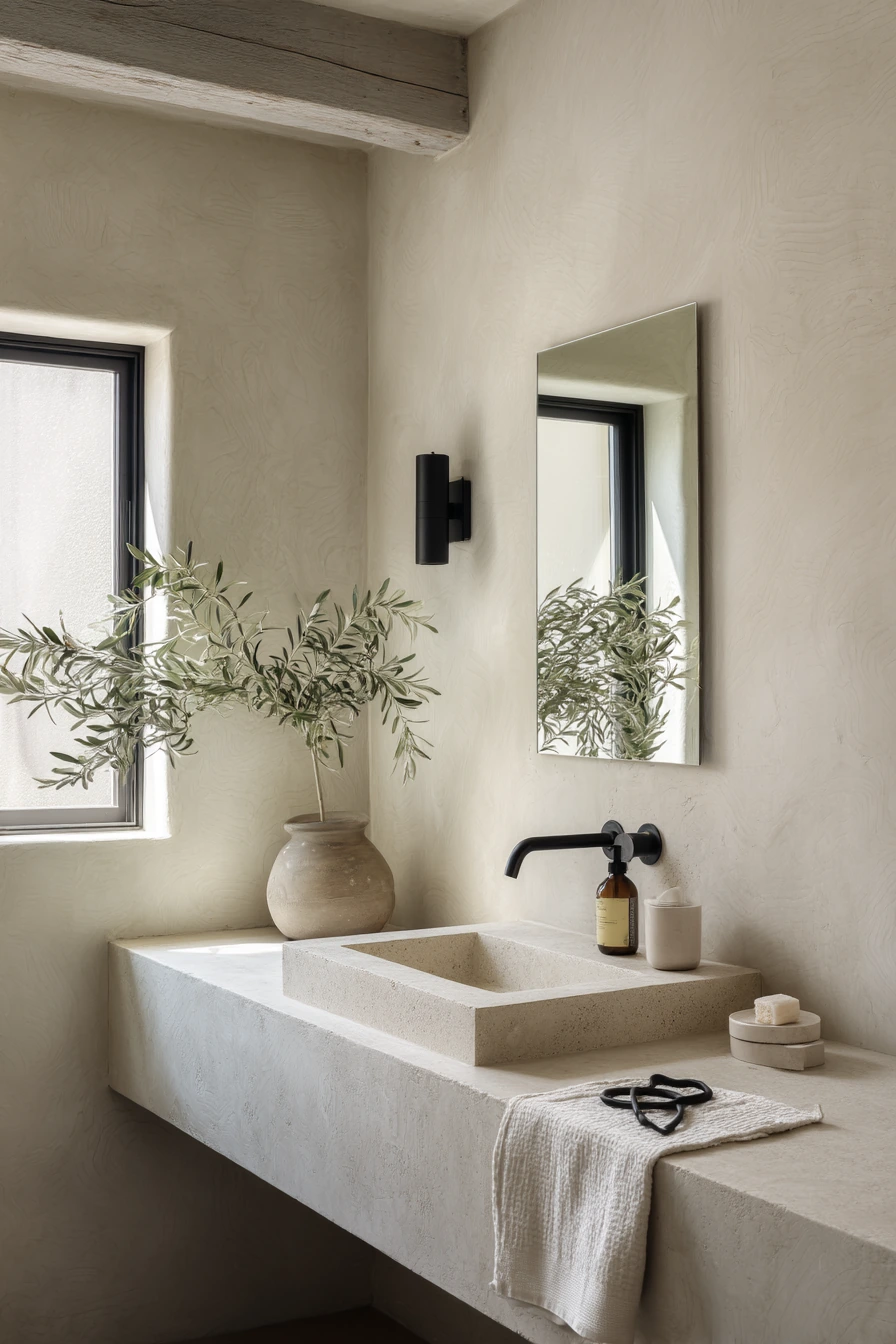 Textured Plaster Ceiling in a Minimal Guest Bath